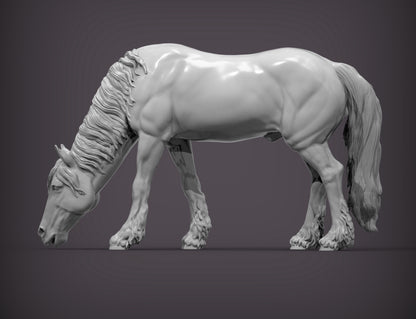 Friesian Horse Eats Grass – Unpainted 3D Print | ABS White Resin