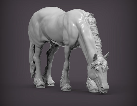 Friesian Horse Eats Grass – Unpainted 3D Print | ABS White Resin