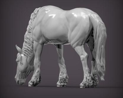 Friesian Horse Eats Grass – Unpainted 3D Print | ABS White Resin