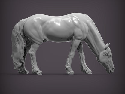 Friesian Horse Eats Grass – Unpainted 3D Print | ABS White Resin