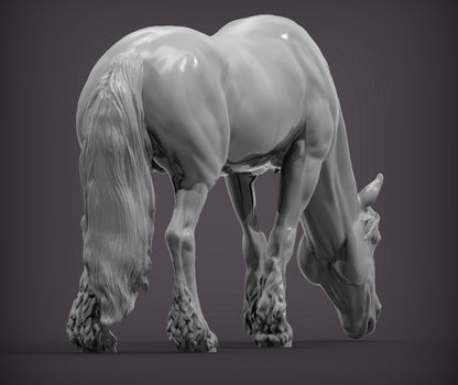 Friesian Horse Eats Grass – Unpainted 3D Print | ABS White Resin