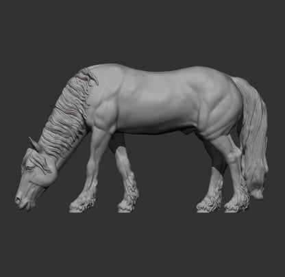 Friesian Horse Eats Grass – Unpainted 3D Print | ABS White Resin