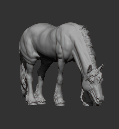 Friesian Horse Eats Grass – Unpainted 3D Print | ABS White Resin
