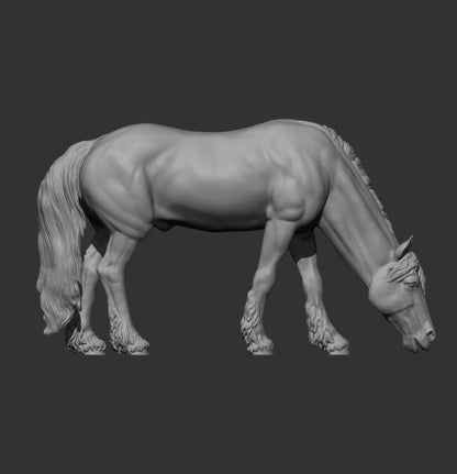 Friesian Horse Eats Grass – Unpainted 3D Print | ABS White Resin